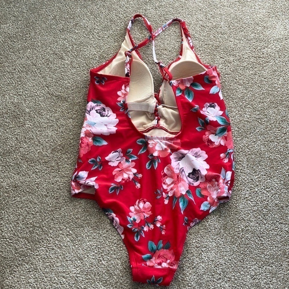 Kona Sol Red Floral Print VNeck Large One Piece Swimsuit Large - Picture 6 of 11